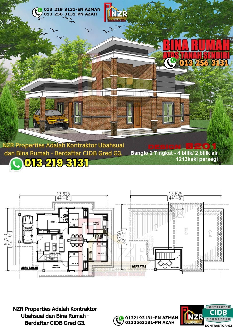 Design B201 rumah dua tingkat 1213 kps dengan 4 bilik tidur dan 2 bilik air.