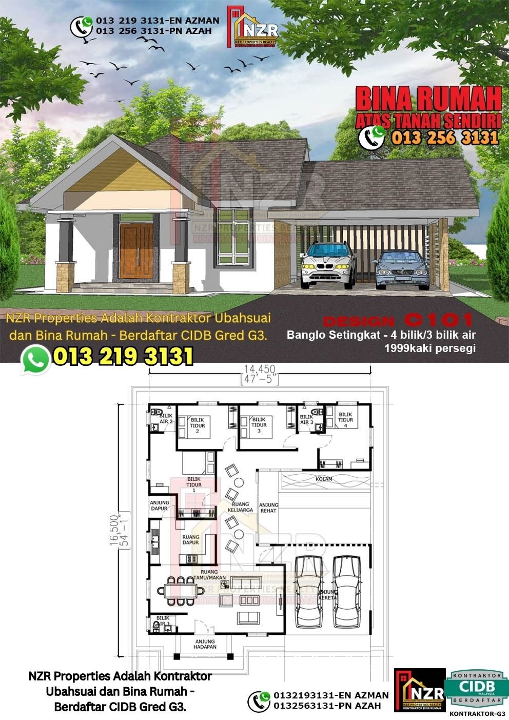 Design C101 rumah 1 tingkat 1999 kps dengan 4 bilik tidur dan 3 bilik air.