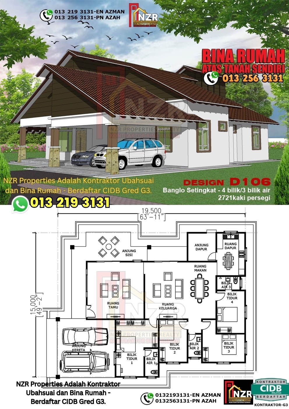 Design D106 rumah 1 tingkat 2721 kps dengan 4 bilik tidur dan 3 bilik air.