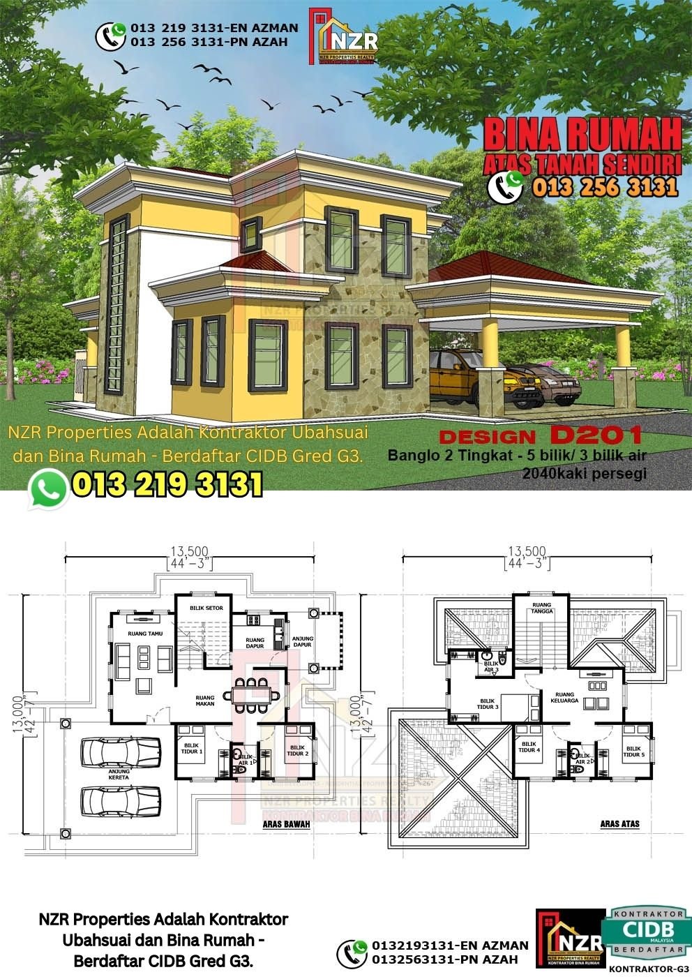 Design D201 rumah dua tingkat 2040 kps dengan 5 bilik tidur dan 3 bilik air.
