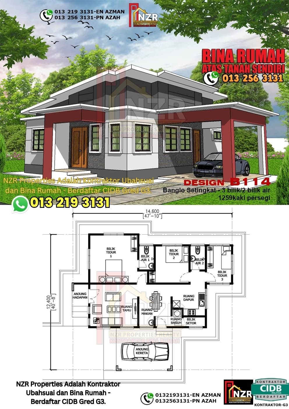 Design B114 rumah setingkat 1259 kps dengan 3 bilik tidur dan 2 bilik air.
