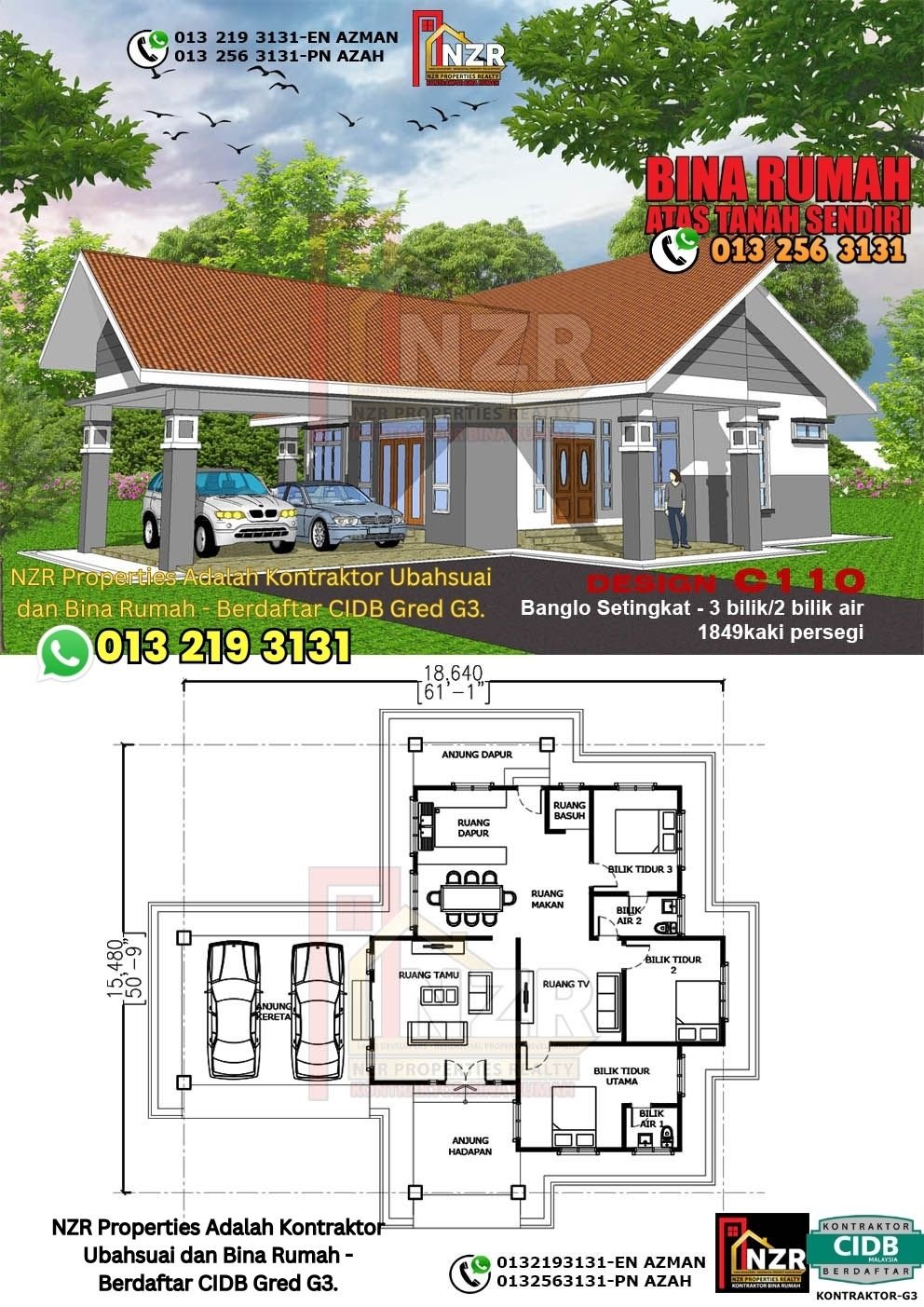 Design C110 rumah 1 tingkat 1849 kps dengan 3 bilik tidur dan 2 bilik air.