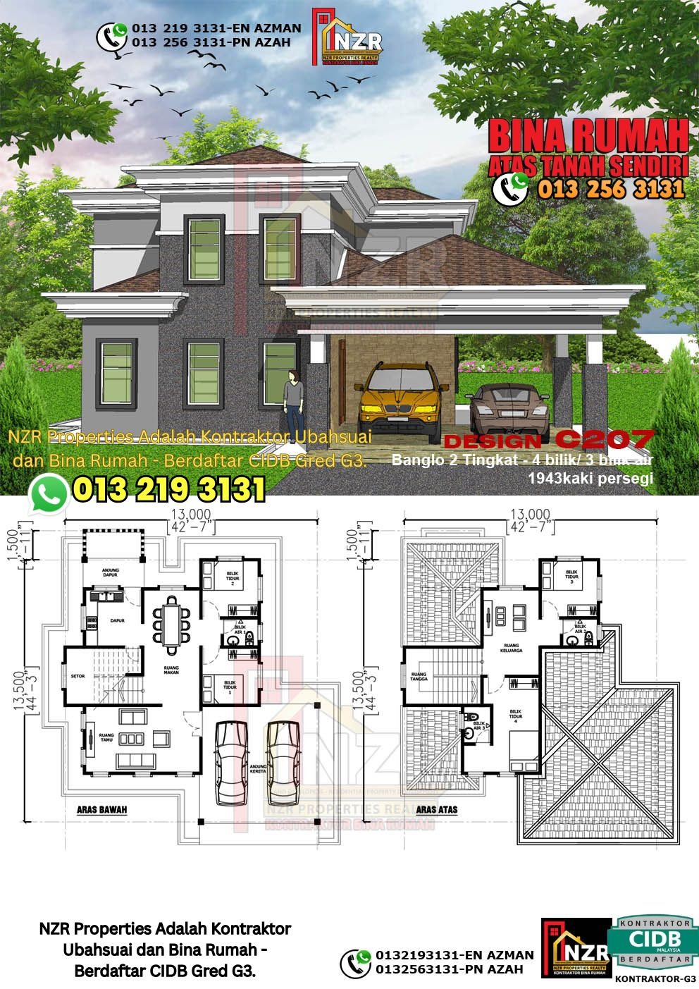 Design C207 rumah dua tingkat 1943 kps dengan 4 bilik tidur dan 3 bilik air.