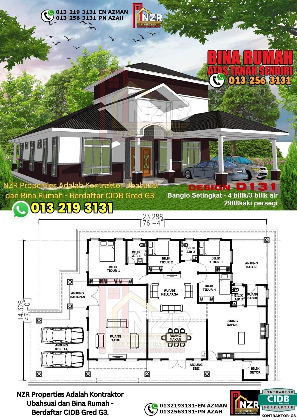 Design D131 rumah 1 tingkat 2988 kps dengan 4 bilik tidur dan 3 bilik air.
