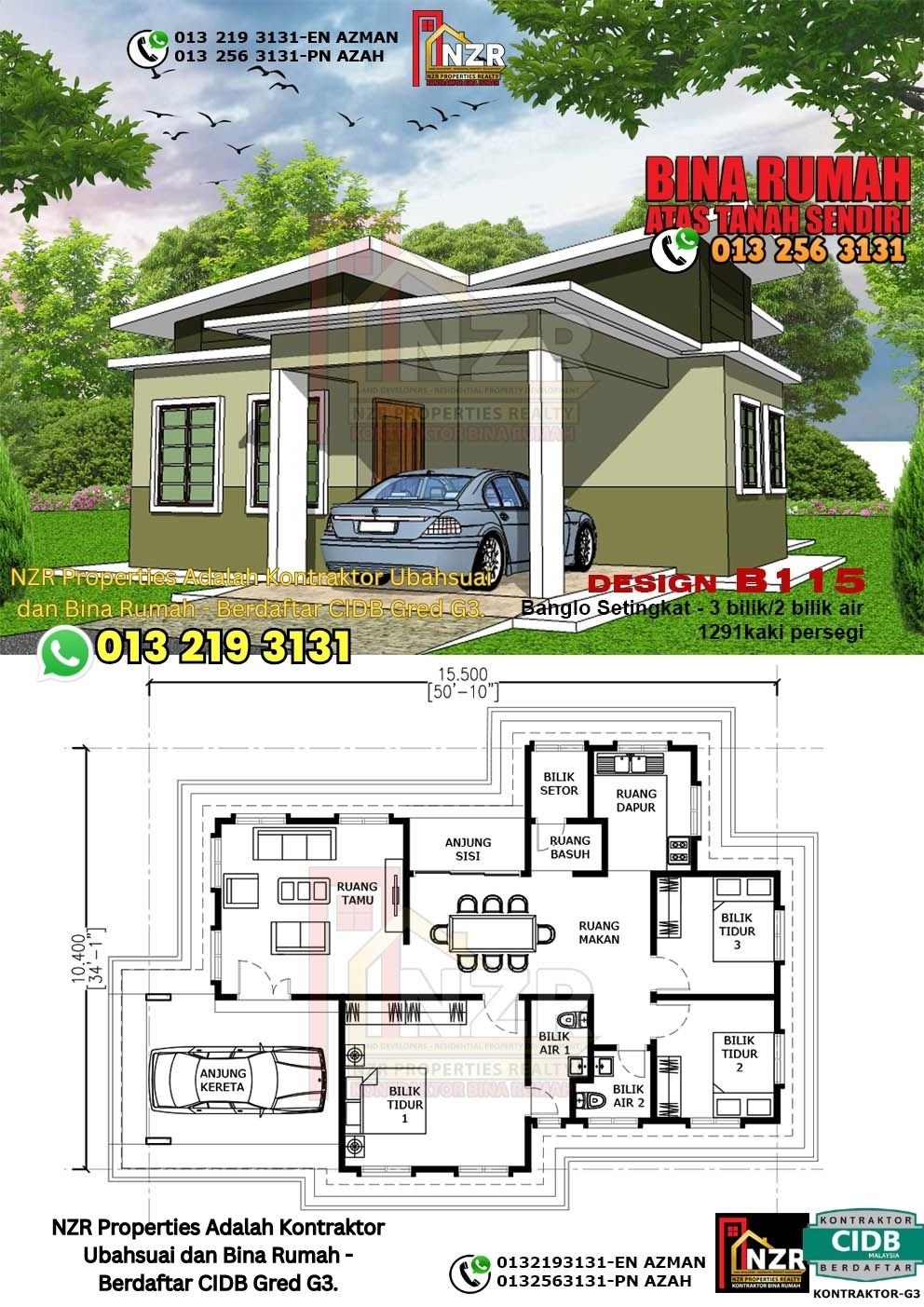 Design B115 rumah setingkat 1291 kps dengan 3 bilik tidur dan 2 bilik air.