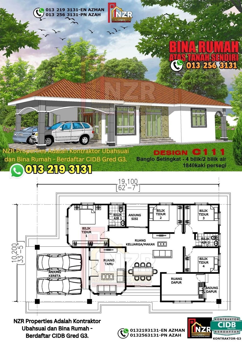 Design C111 rumah 1 tingkat 1840 kps dengan 4 bilik tidur dan 2 bilik air.