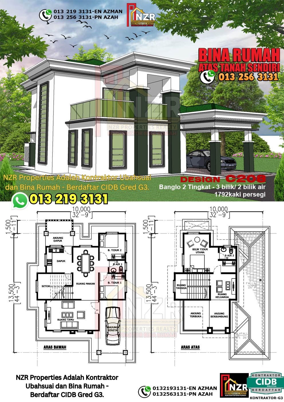 Design C208 rumah dua tingkat 1792 kps dengan 3 bilik tidur dan 2 bilik air.