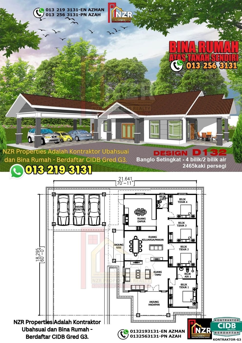 Design D132 rumah 1 tingkat 2465 kps dengan 4 bilik tidur dan 2 bilik air.
