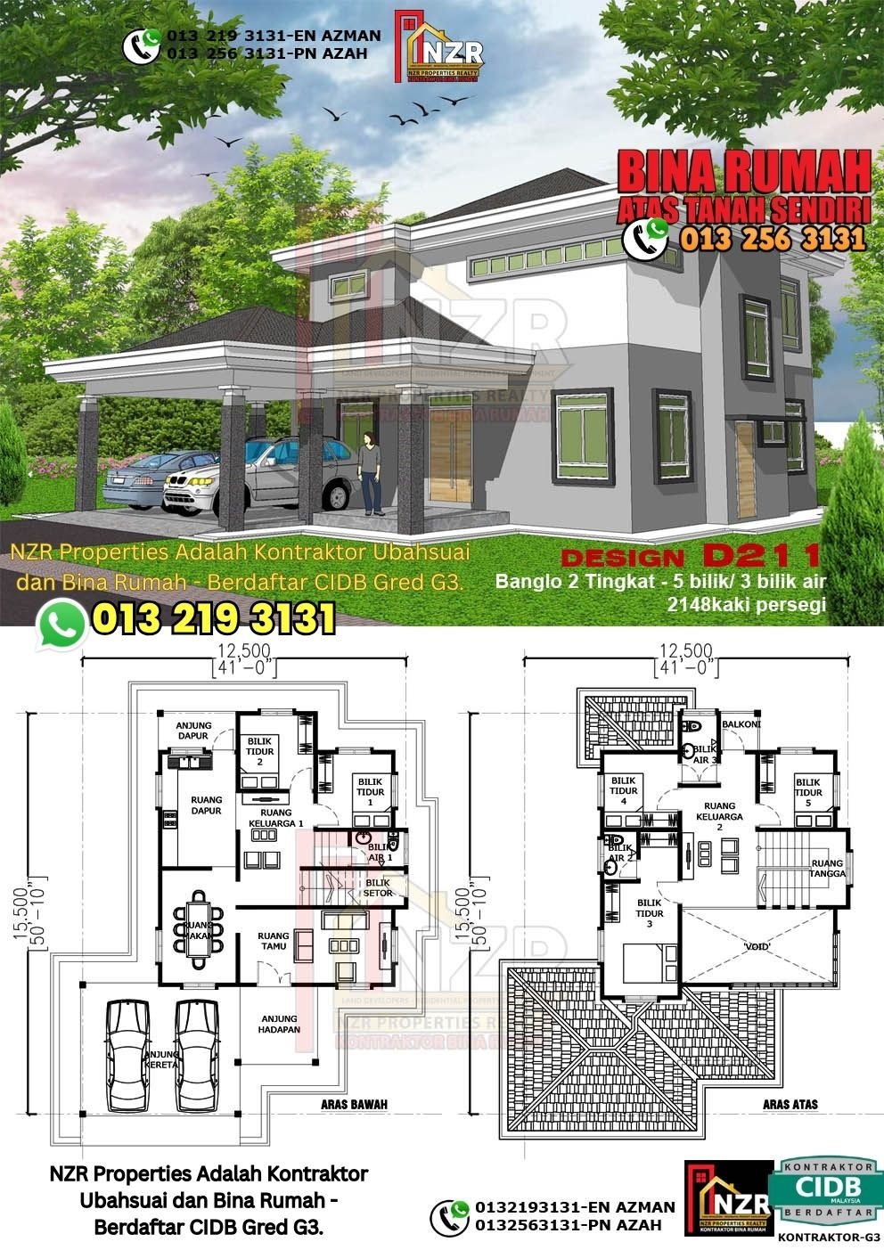 Design D211 rumah dua tingkat 2148 kps dengan 5 bilik tidur dan 3 bilik air.