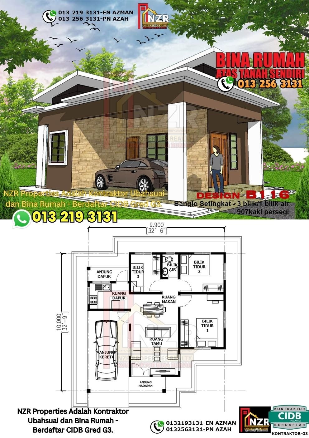 Design B116 rumah setingkat 907 kps dengan 3 bilik tidur dan 1 bilik air.