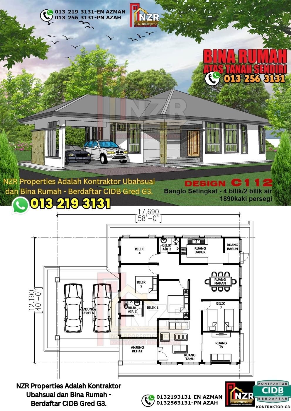 Design C112 rumah 1 tingkat 1890 kps dengan 4 bilik tidur dan 2 bilik air.