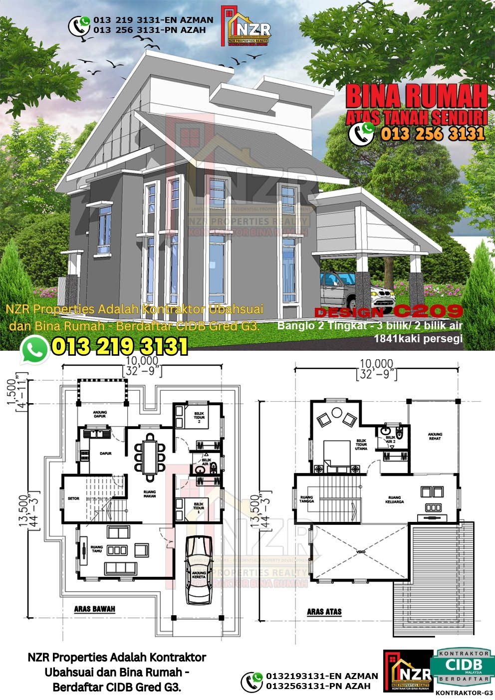 Design C209 rumah dua tingkat 1841 kps dengan 3 bilik tidur dan 2 bilik air.