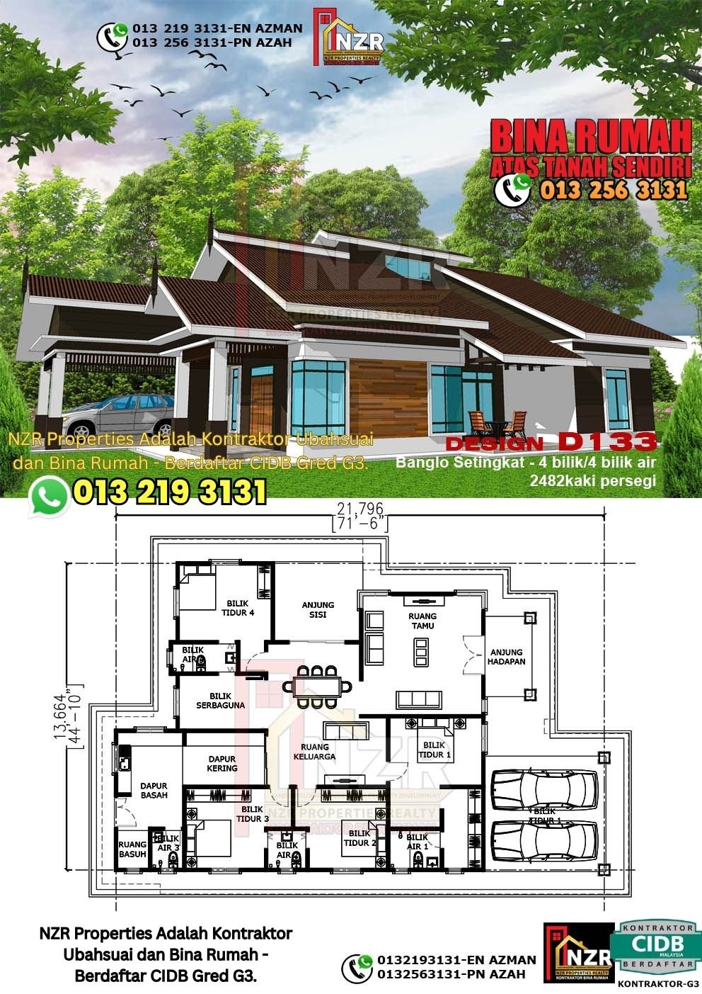 Design D133 rumah 1 tingkat 2482 kps dengan 4 bilik tidur dan 4 bilik air.