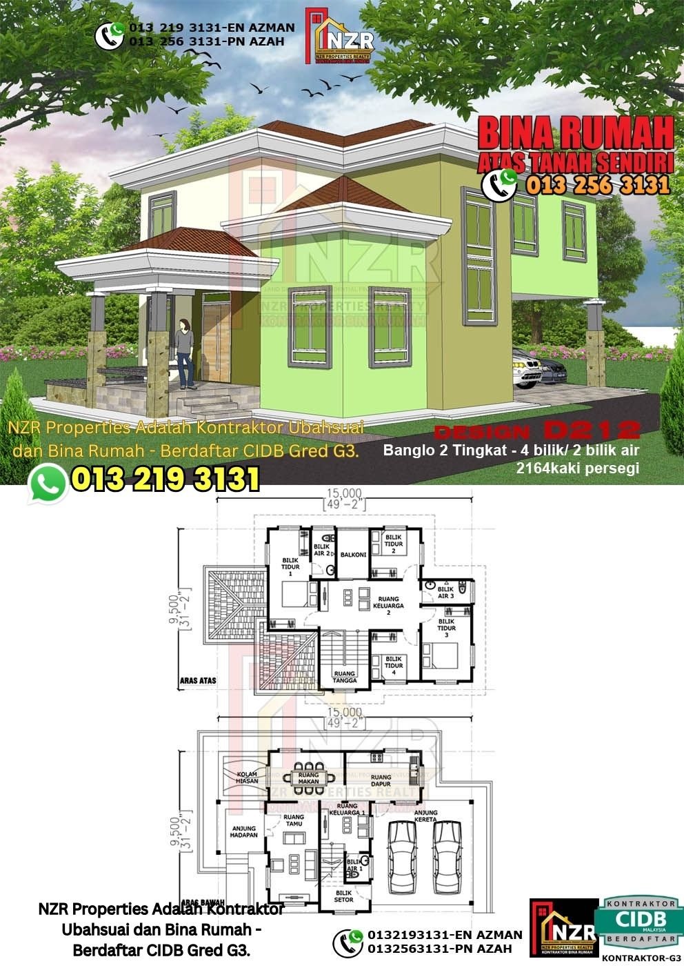 Design D212 rumah dua tingkat 2164 kps dengan 4 bilik tidur dan 2 bilik air
