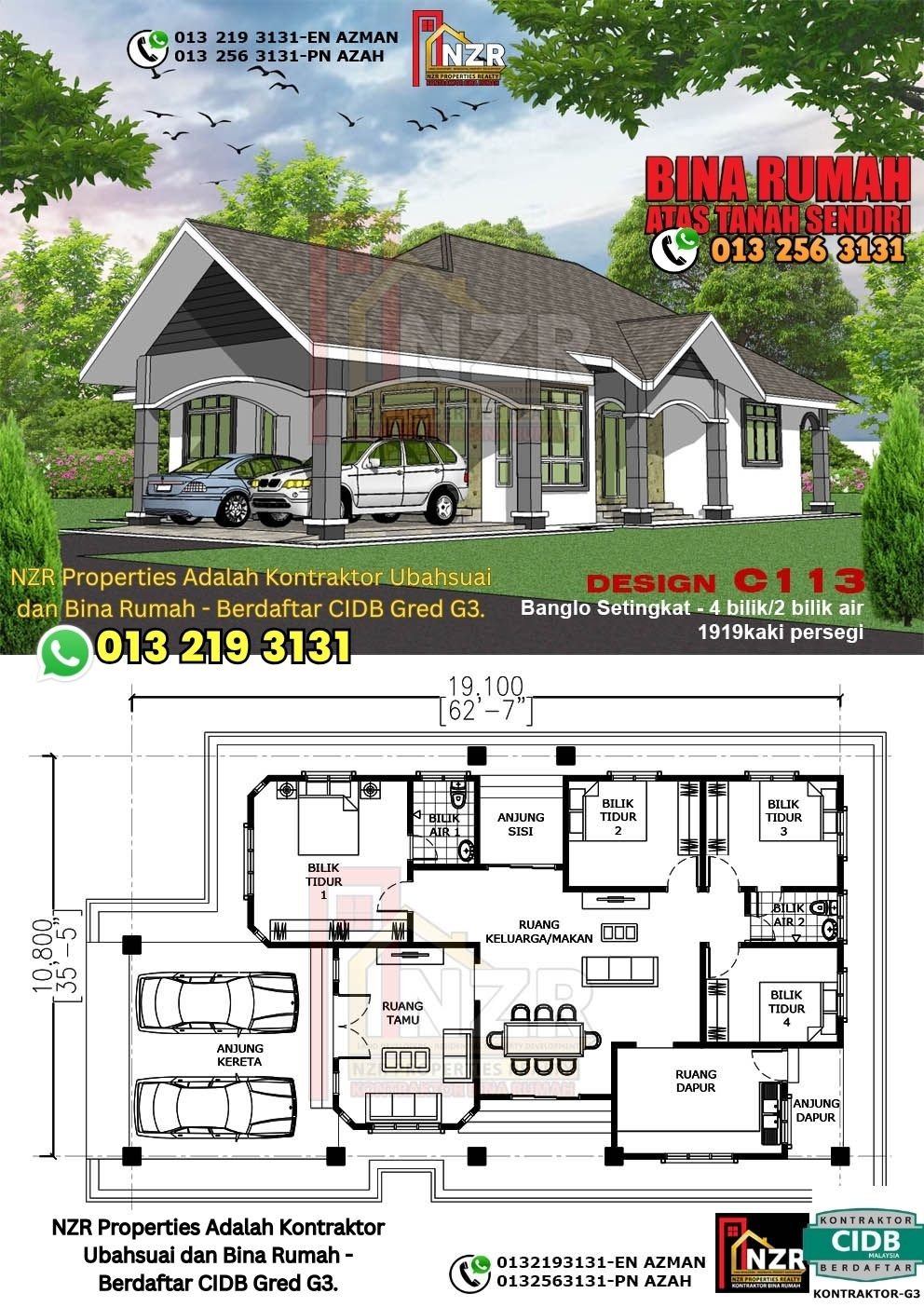 Design C113 rumah 1 tingkat 1919 kps dengan 4 bilik tidur dan 2 bilik air.