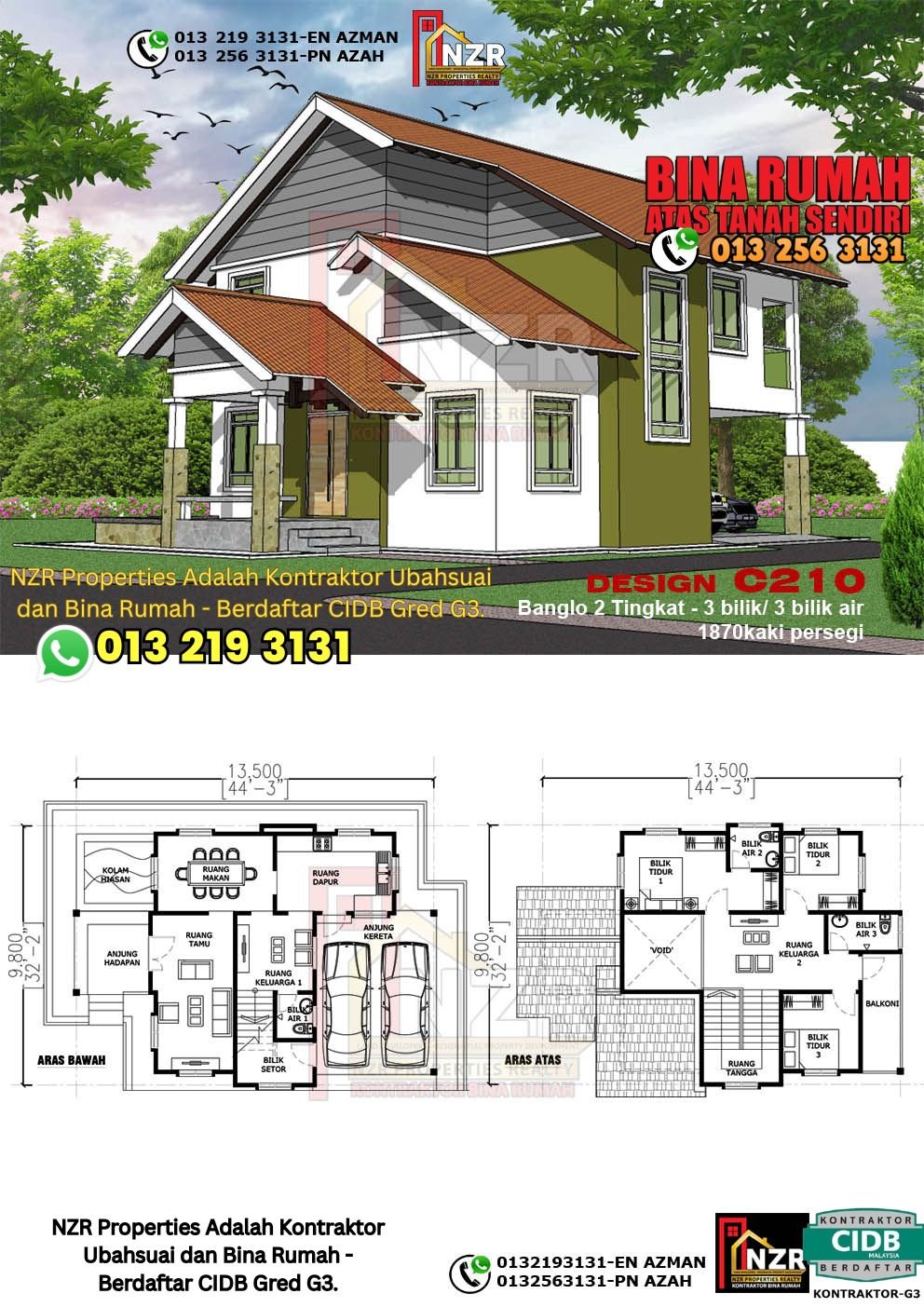 Design C210 rumah dua tingkat 1870 kps dengan 3 bilik tidur dan 3 bilik air.