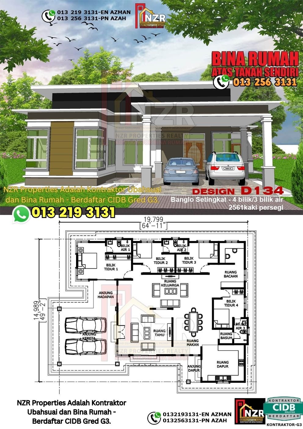 Design D134 rumah 1 tingkat 2561 kps dengan 4 bilik tidur dan 3 bilik air.