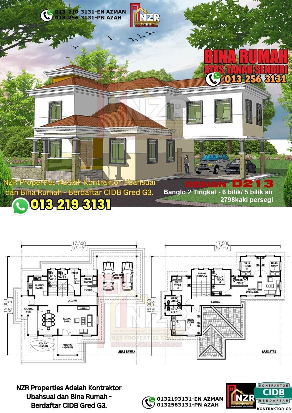 Design D213 rumah dua tingkat 2798 kps dengan 6 bilik tidur dan 5 bilik air.