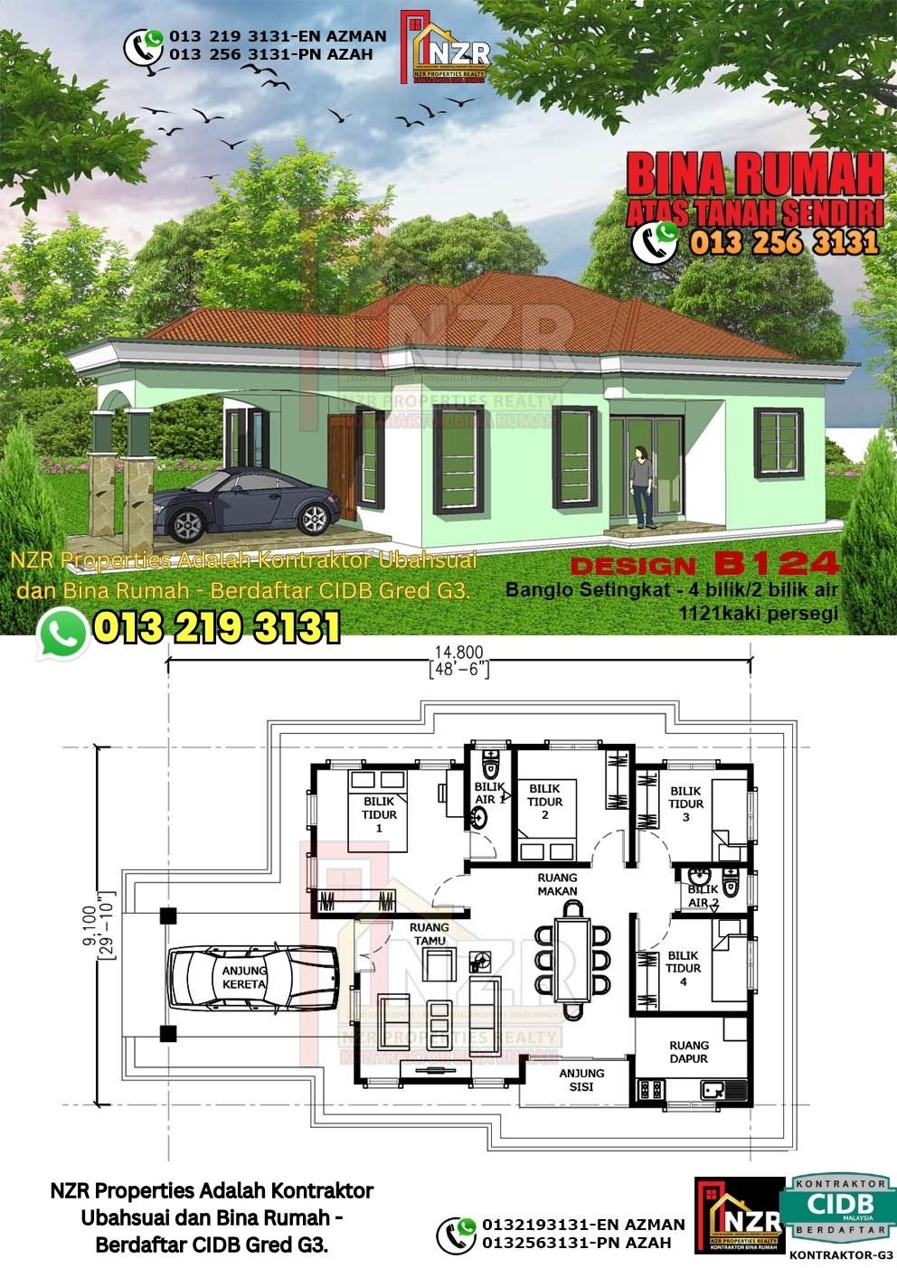 Design B124 rumah setingkat 1121 kps dengan 4 bilik tidur dan 2 bilik air.