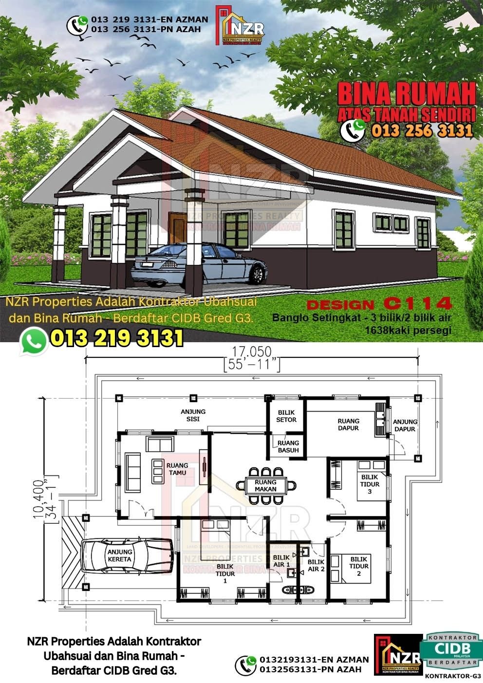 Design C114 rumah 1 tingkat 1638 kps dengan 3 bilik tidur dan 2 bilik air.