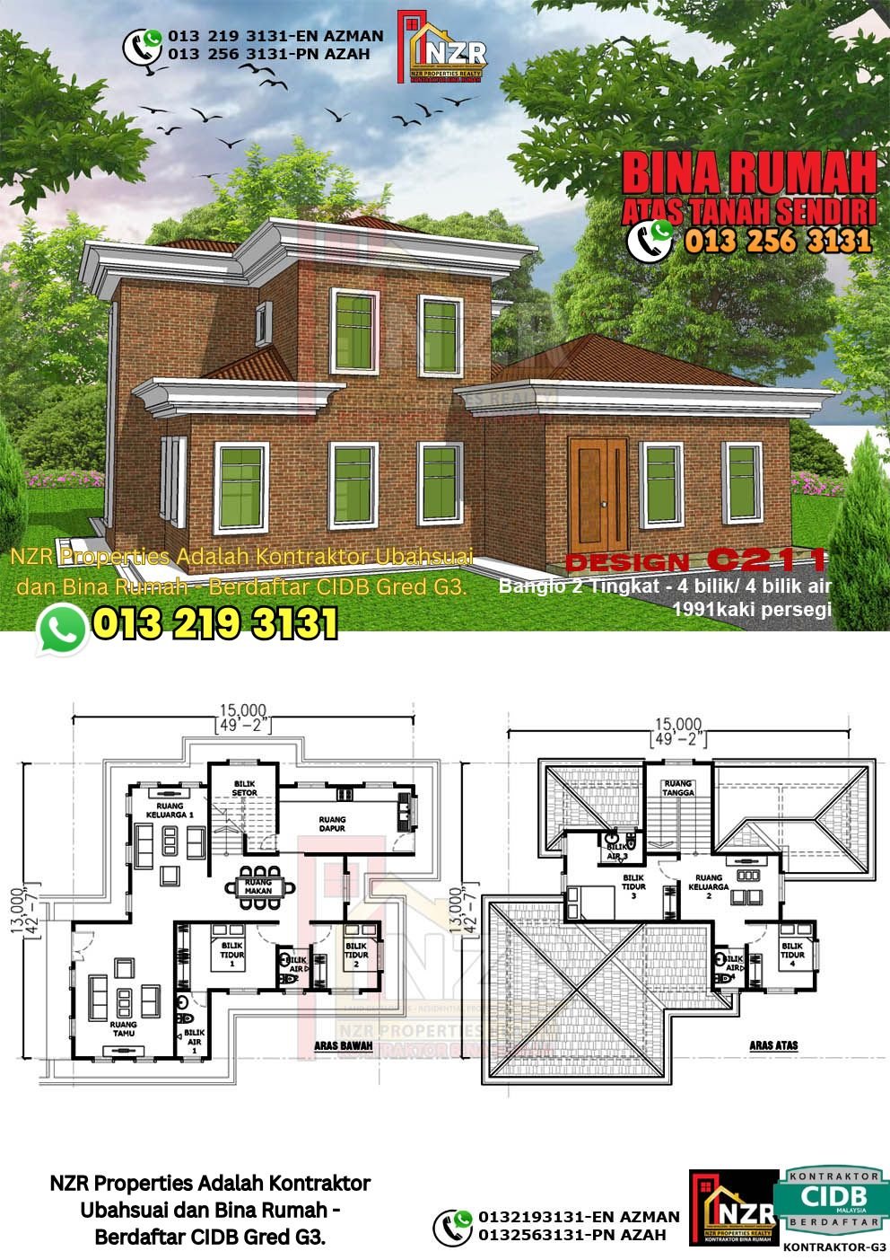 Design C211 rumah dua tingkat 1991 kps dengan 4 bilik tidur dan 4 bilik air.