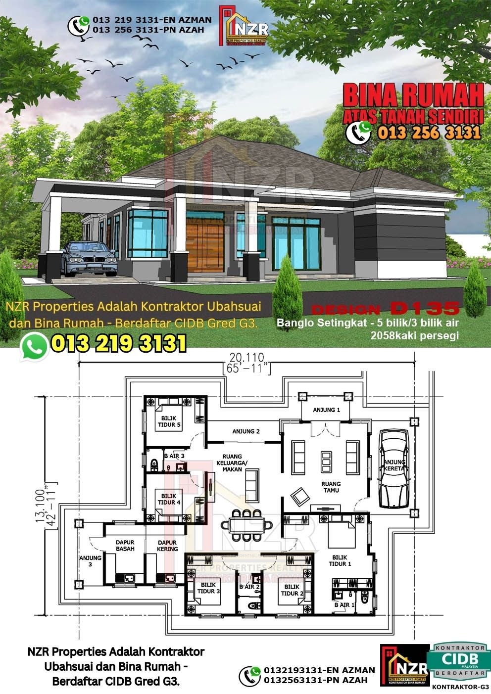Design D135 rumah 1 tingkat 2058 kps dengan 5 bilik tidur dan 3 bilik air.