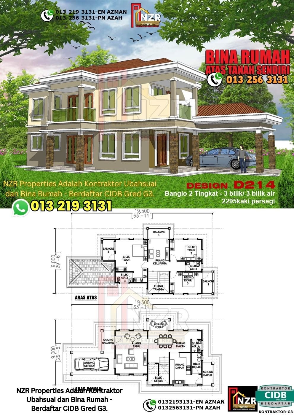 Design D214 rumah dua tingkat 2295 kps dengan 3 bilik tidur dan 3 bilik air.