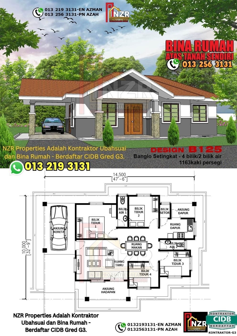 Design B125 rumah setingkat 1163 kps dengan 4 bilik tidur dan 2 bilik air.