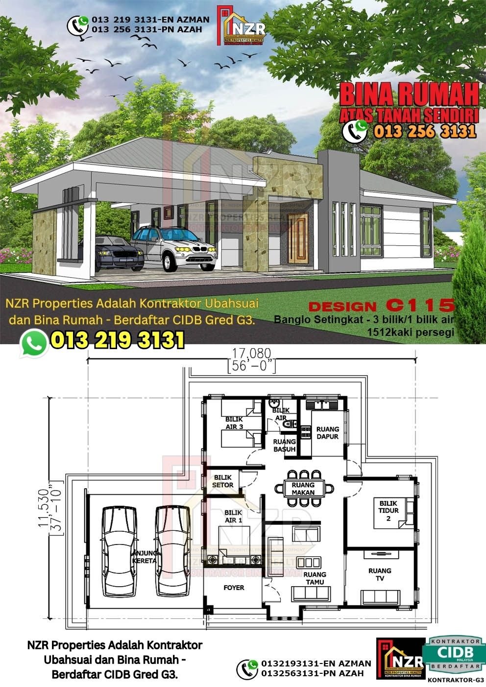 Design C115 rumah 1 tingkat 1512 kps dengan 3 bilik tidur dan 1 bilik air.