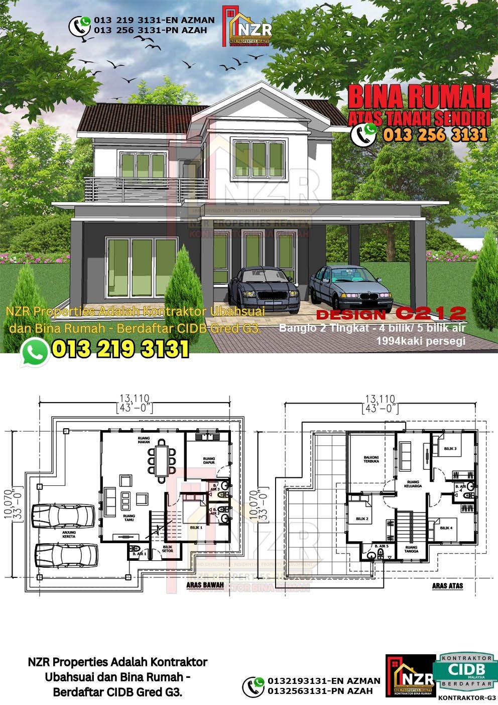 Design C212 rumah dua tingkat 1994 kps dengan 4 bilik tidur dan 5 bilik air.