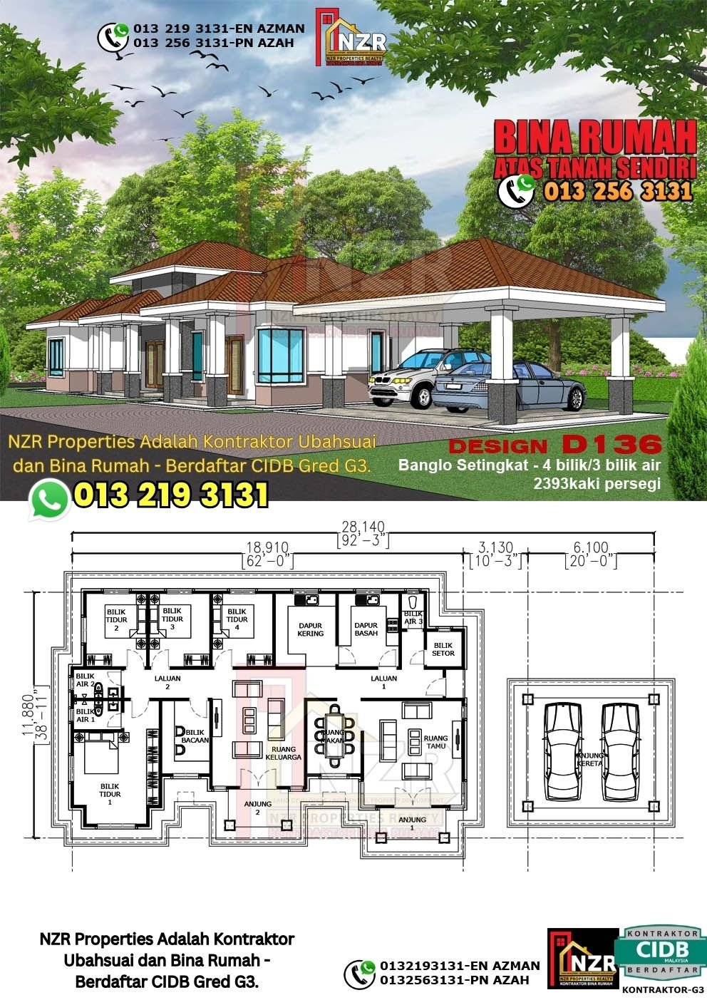 Design D136 rumah 1 tingkat 2393 kps dengan 4 bilik tidur dan 3 bilik air.