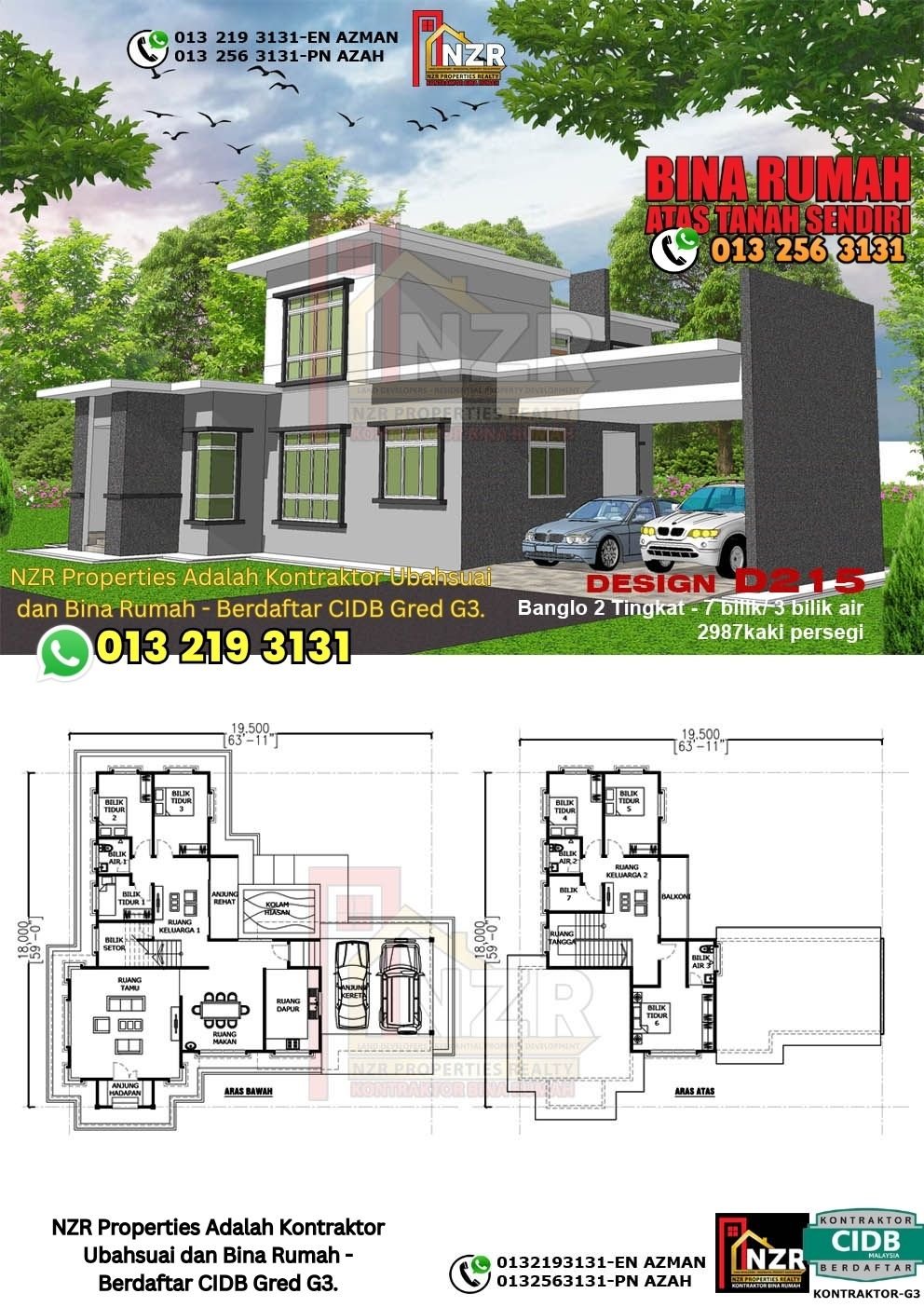 Design D215 rumah dua tingkat 2987 kps dengan 7 bilik tidur dan 3 bilik air.