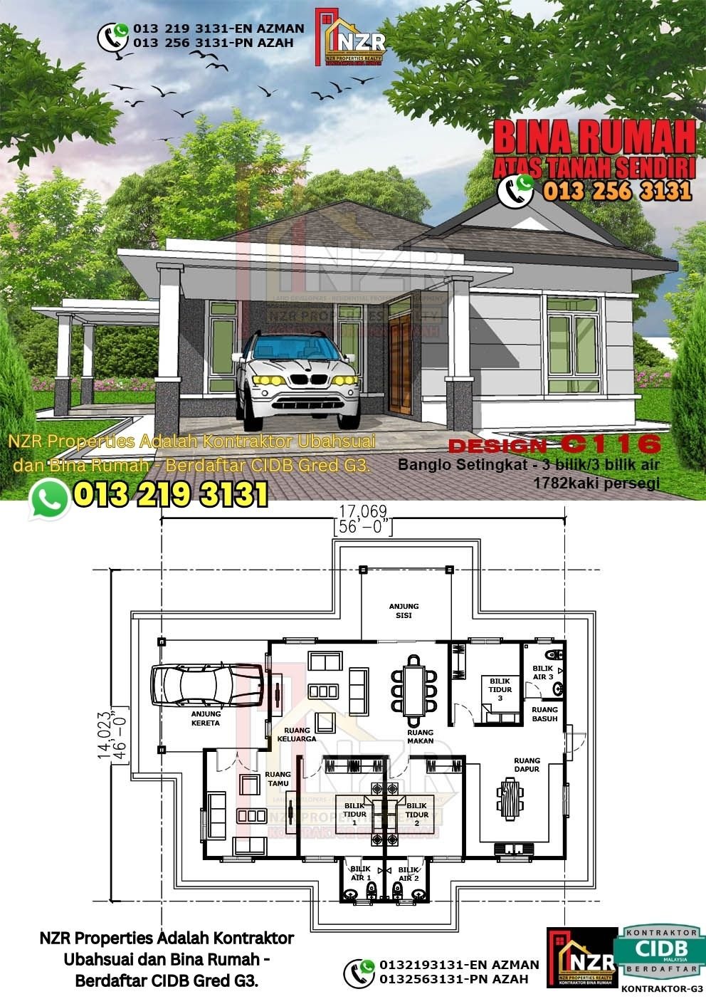 Design C116 rumah 1 tingkat 1782 kps dengan 3 bilik tidur dan 3 bilik air.