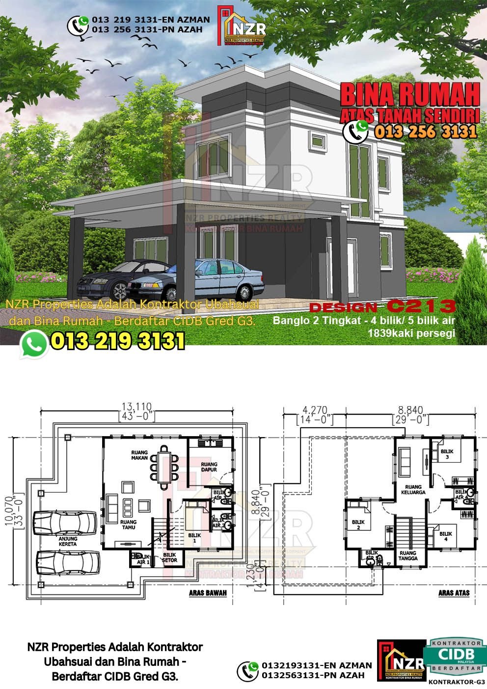 Design C213 rumah dua tingkat 1839 kps dengan 4 bilik tidur dan 5 bilik air.