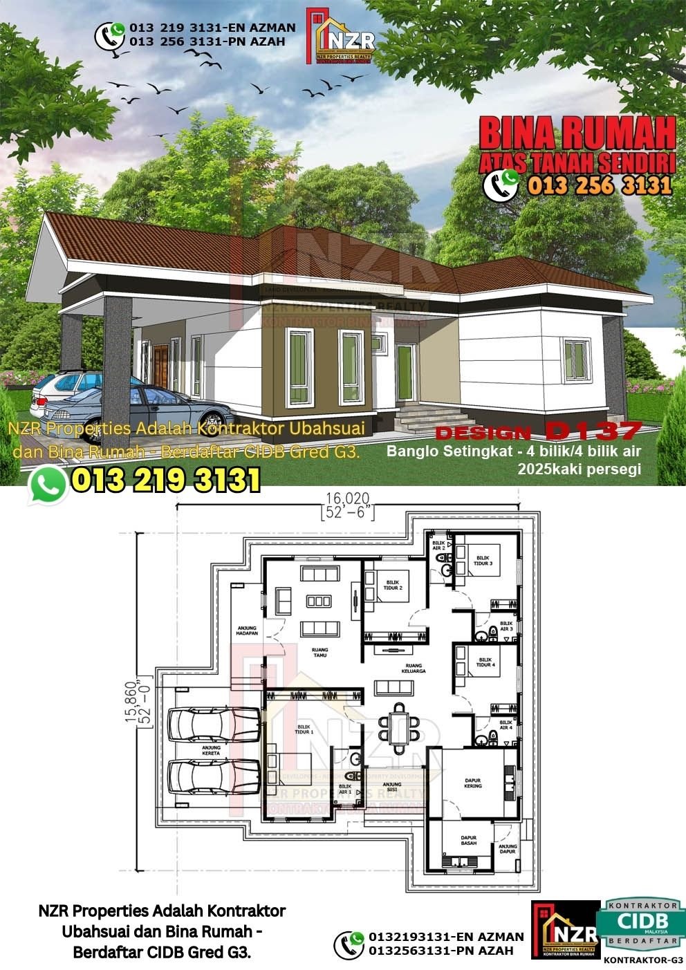 Design D137 rumah 1 tingkat 2025 kps dengan 4 bilik tidur dan 4 bilik air.