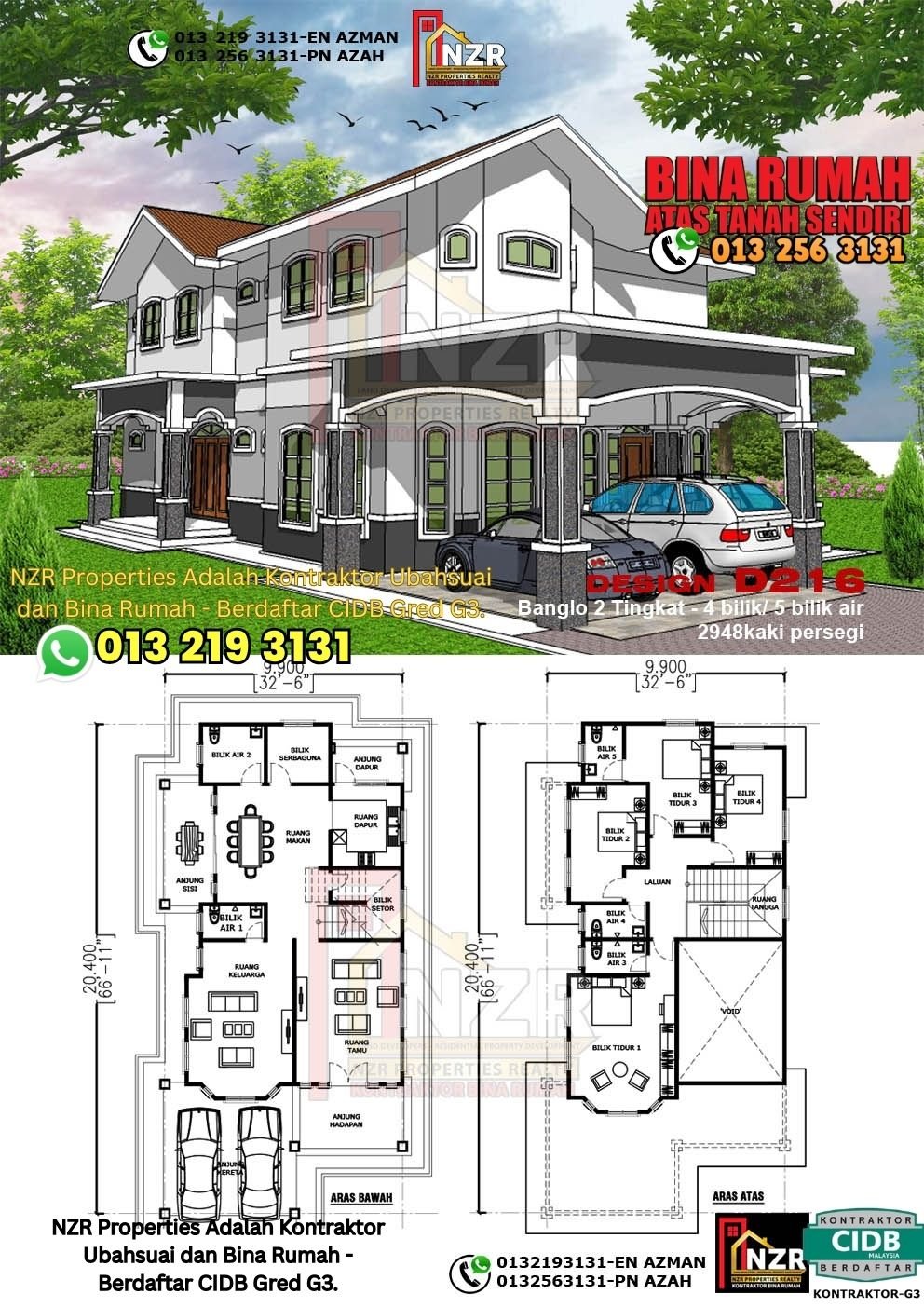 Design D216 rumah dua tingkat 2948 kps dengan 4 bilik tidur dan 5 bilik air.