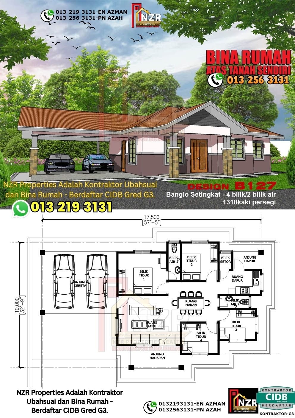 Design B127 rumah 1 tingkat 1318 kps dengan 4 bilik tidur dan 2 bilik air.