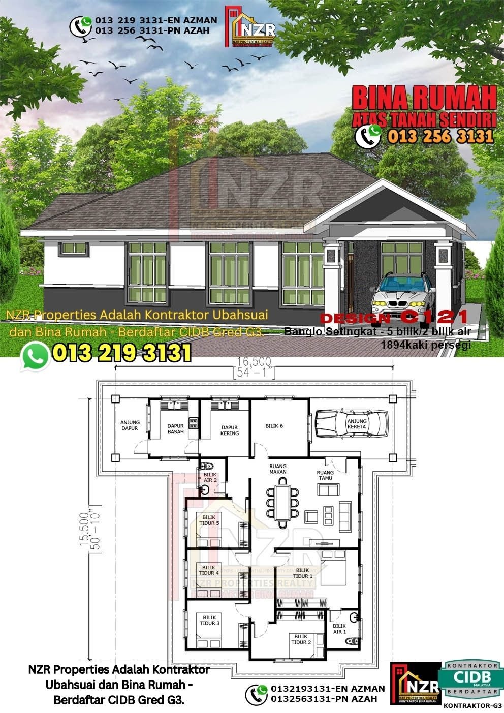 Design C121 rumah 1 tingkat 1894 kps dengan 5 bilik tidur dan 2 bilik air.