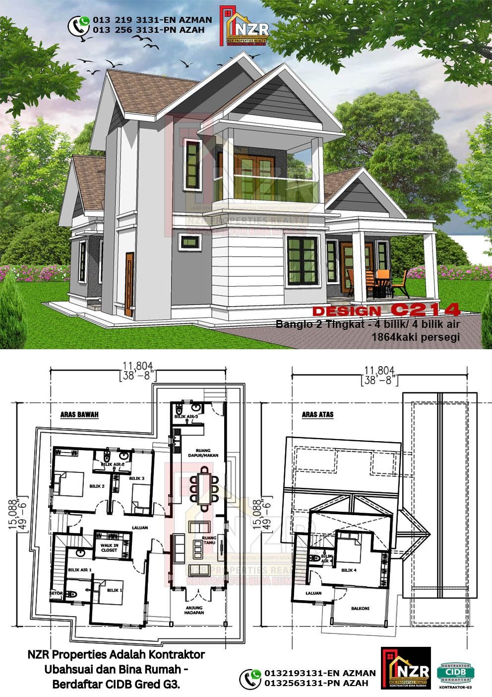 Design C214 rumah dua tingkat 1864 kps dengan 4 bilik tidur dan 4 bilik air.