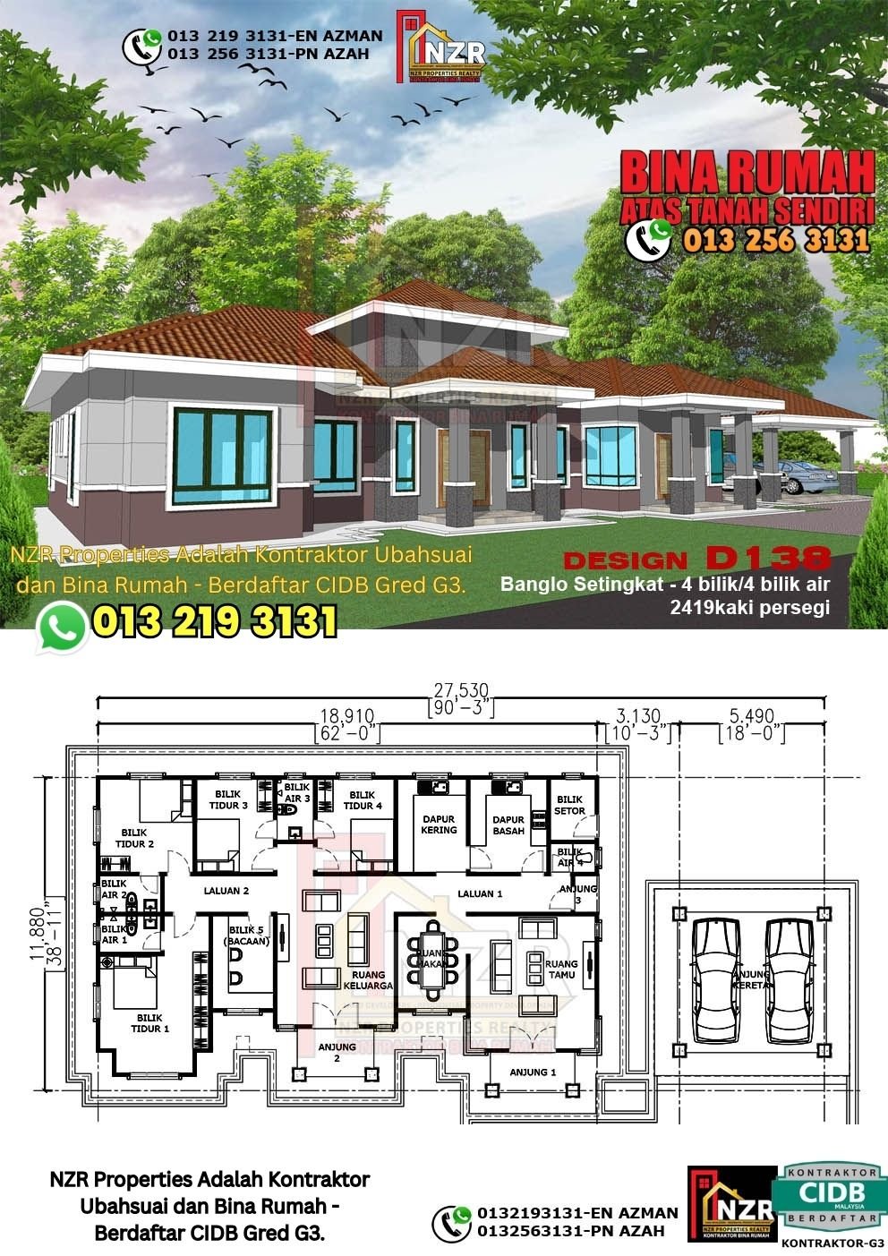 Design D138 rumah 1 tingkat 2419 kps dengan 4 bilik tidur dan 4 bilik air.