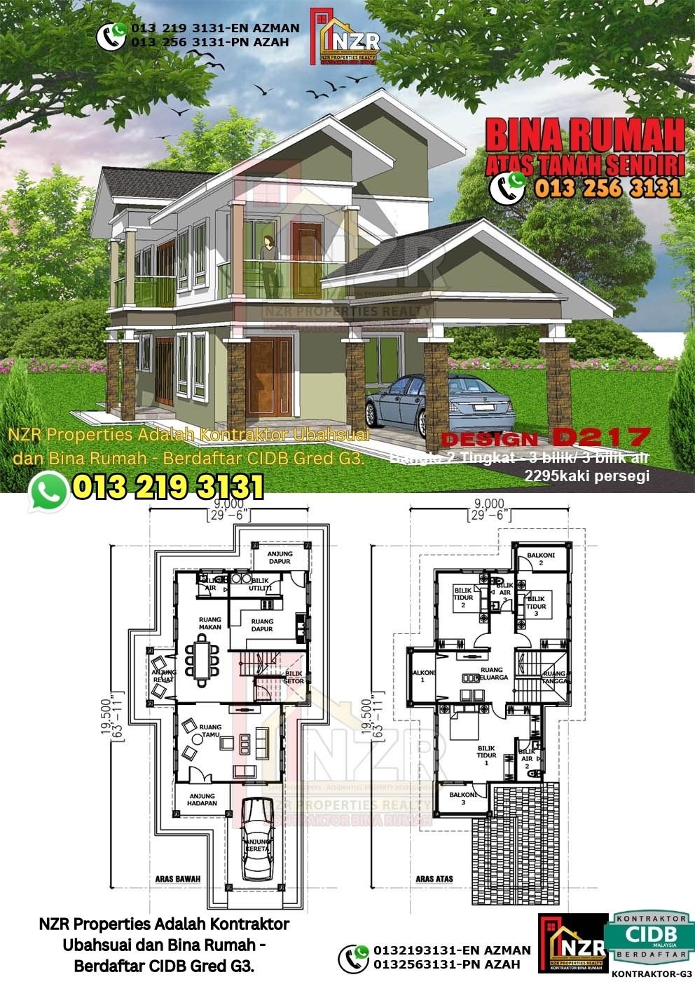 Design D217 rumah dua tingkat 2295 kps dengan 3 bilik tidur dan 3 bilik air.