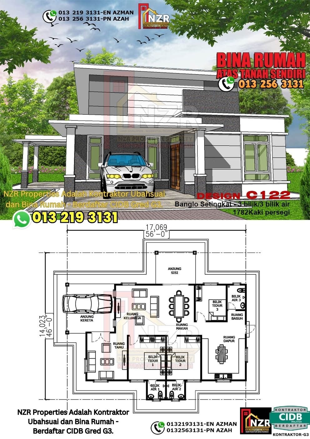 Design C122 rumah 1 tingkat 1782 kps dengan 3 bilik tidur dan 3 bilik air.