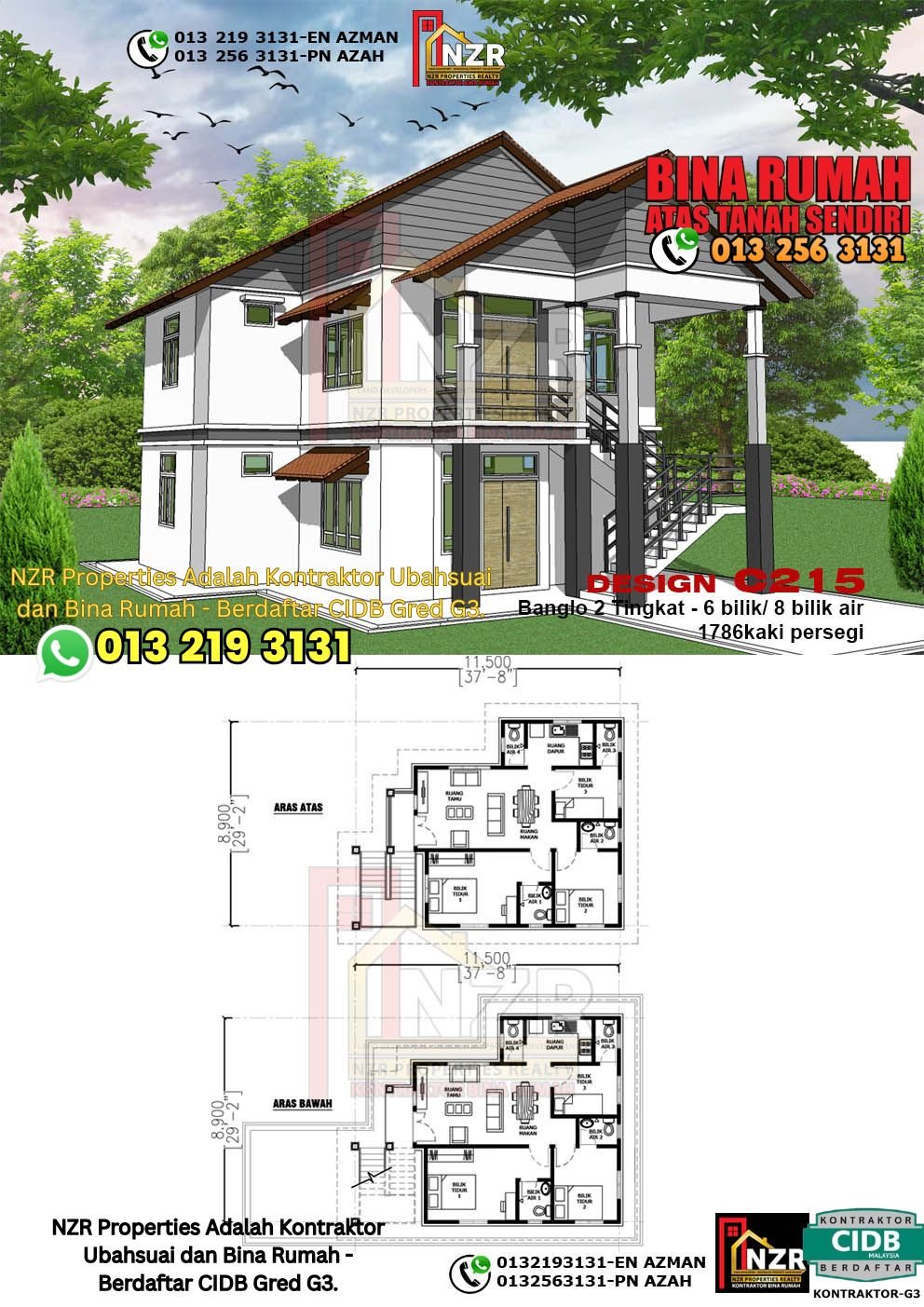 Design C215 rumah dua tingkat 1786 kps dengan 6 bilik tidur dan 8 bilik air.