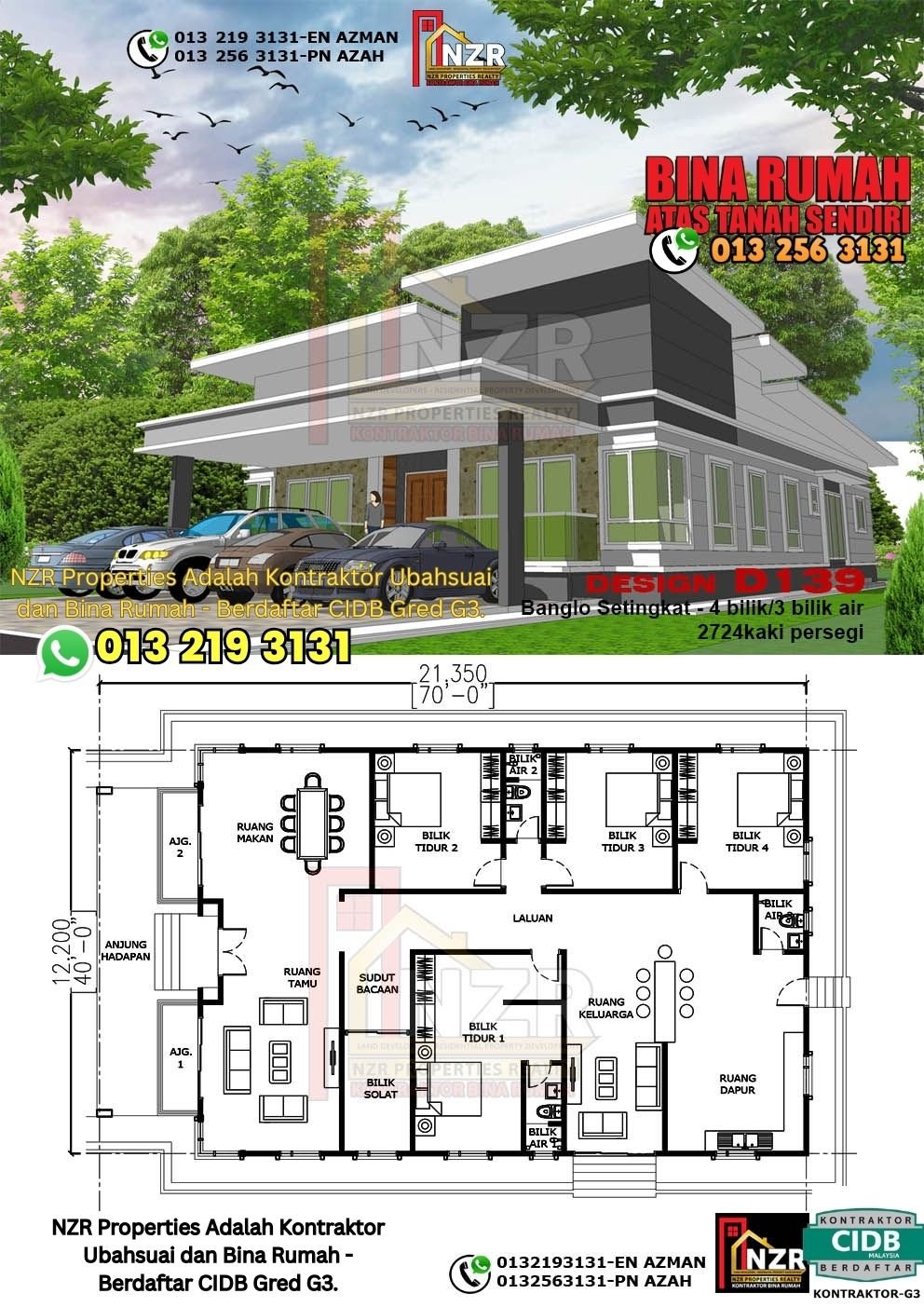Design D139 rumah 1 tingkat 2724 kps dengan 4 bilik tidur dan 3 bilik air.