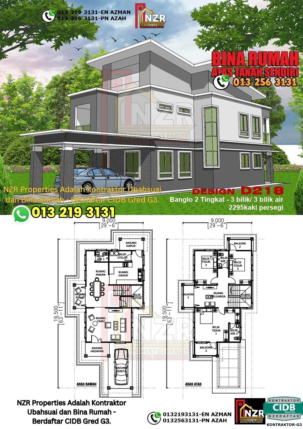 Design D218 rumah dua tingkat 2295 kps dengan 3 bilik tidur dan 3 bilik air.