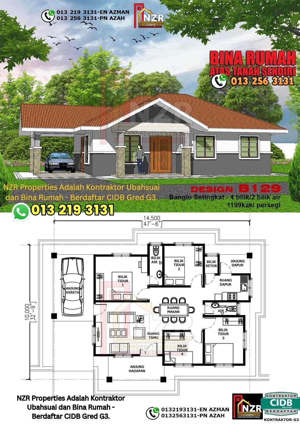 Design B129 rumah setingkat 1199 kps dengan 4 bilik tidur dan 1 bilik air.