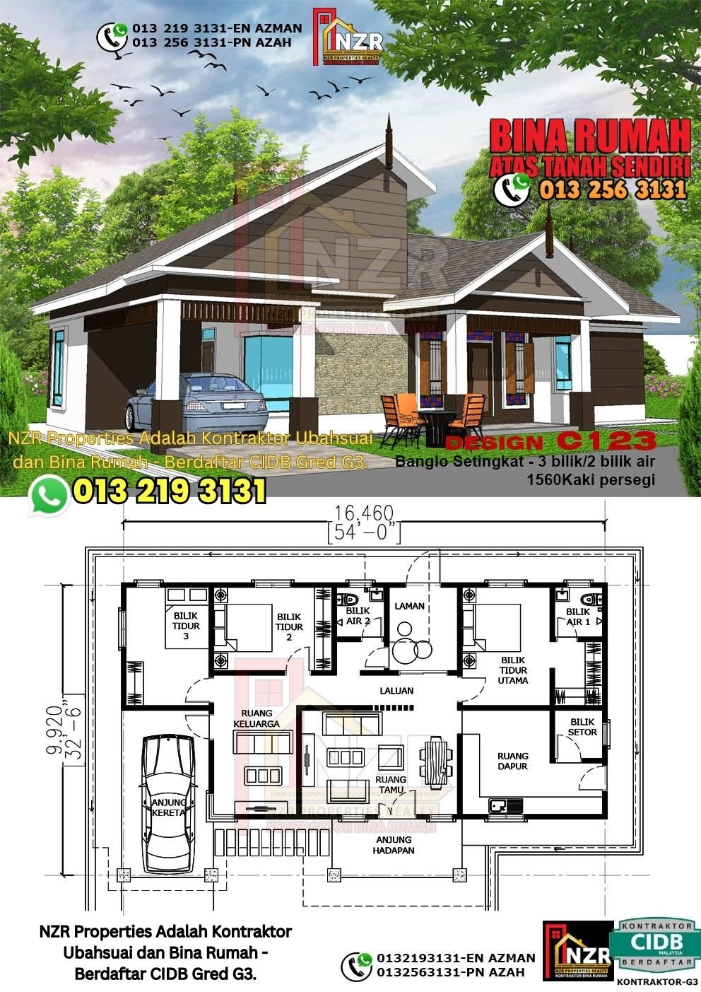 Design C123 rumah 1 tingkat 1560 kps dengan 3 bilik tidur dan 2 bilik air.