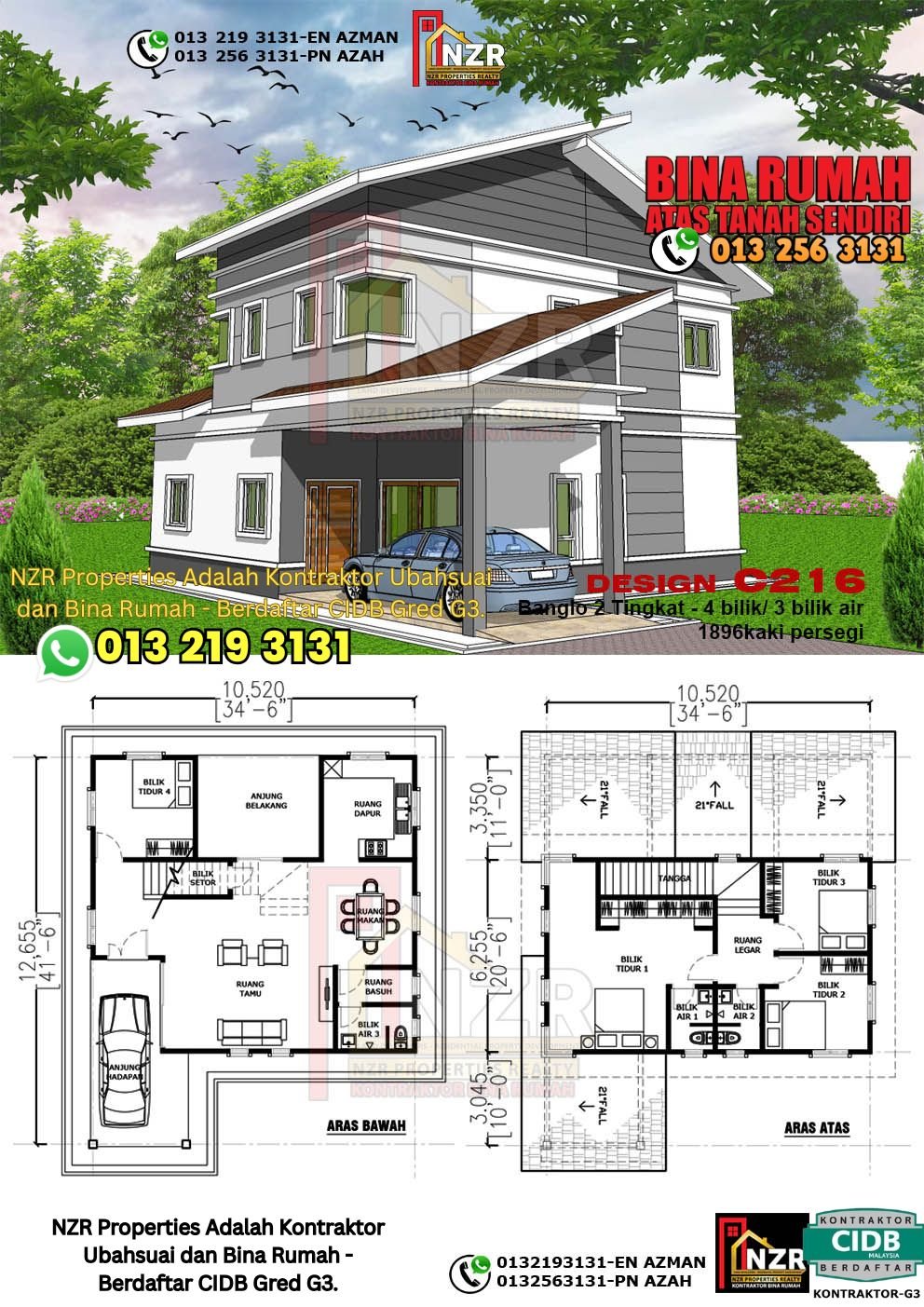 Design C216 rumah dua tingkat 1896 kps dengan 4 bilik tidur dan 3 bilik air.