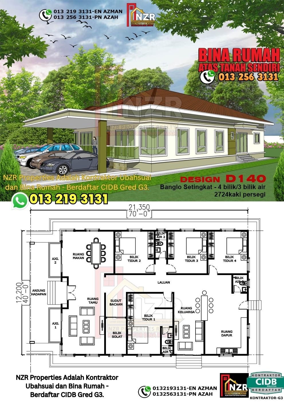 Design D140 rumah 1 tingkat 2724 kps dengan 4 bilik tidur dan 3 bilik air.
