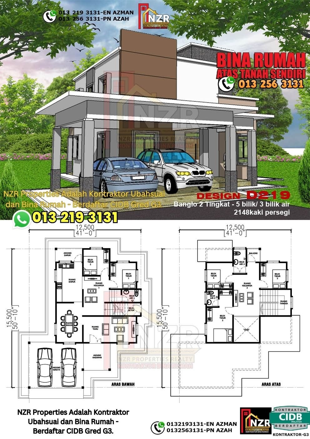 Design D219 rumah dua tingkat 2148 kps dengan 5 bilik tidur dan 3 bilik air.